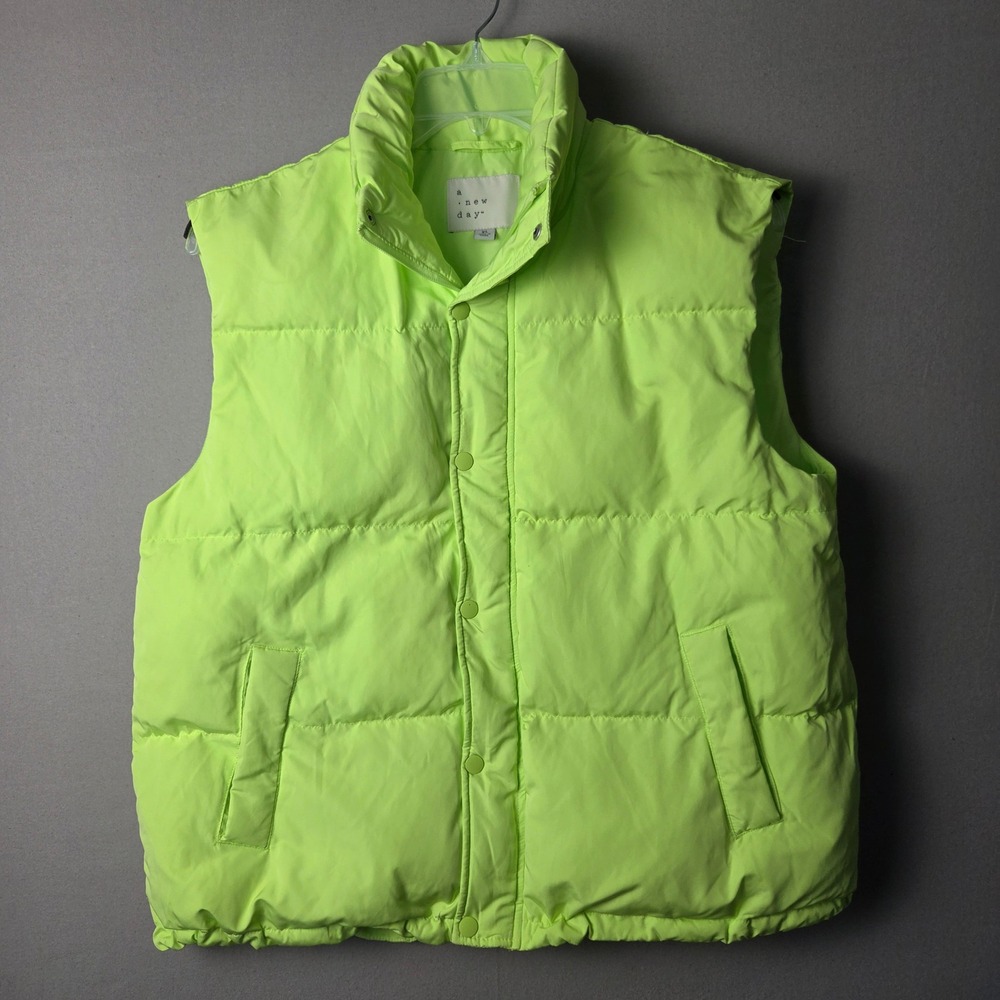 A New Day Neon Lime Green Puffer Vest Womens XL Snap Front High Neck Pockets